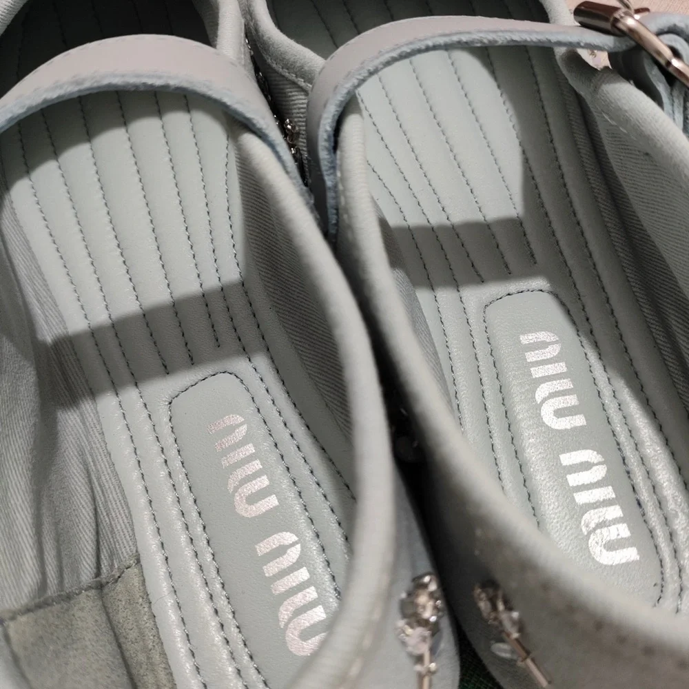Miu Miu Pale Blue Jeweled Mary Jane Flats